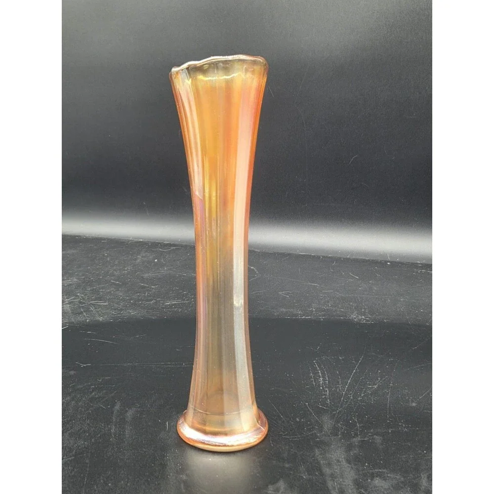Vintage Amber Marigold Carnival Glass Opalescent Swung 9.5” Vase
